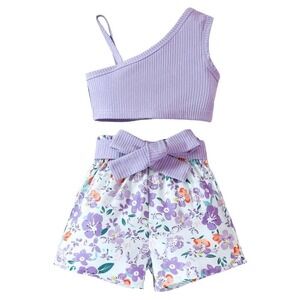 SHEIN Girls Top & Floral Print Belted Shorts in Purple, Size 2-3Y​​​​​​​